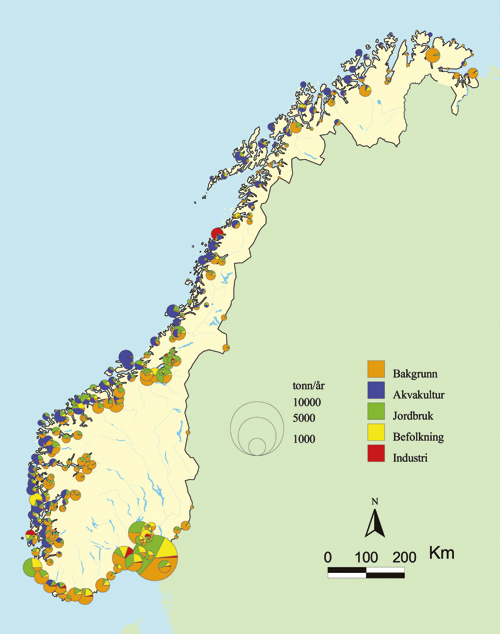 Figur 6.2 Beregnede fosfortilførsler til kystområder
 i 2003. Relativt forhold mellom de ulike fosforkildene pr. vassdragsområde.