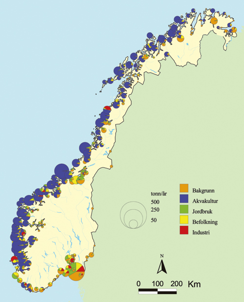 Figur 6.3 Beregnede nitrogentilførsler til kystområder
 i 2003. Relativt forhold mellom de ulike nitrogenkildene pr. vassdragsområde.