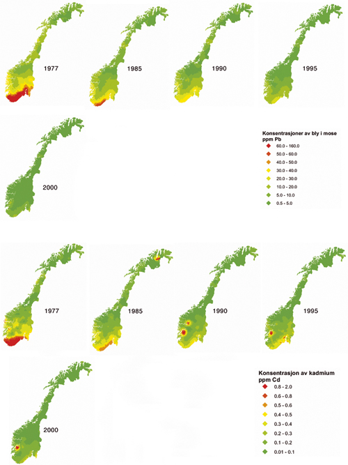 Figur 7.3 Bly og kadmium i mose i Norge. På kartene er konsentrasjonene
 av bly og kadmium på et stort antall målestasjoner
 tegnet inn. Dette er en god indikator på utviklingen i
 mengden av kjemikalier som tilføres Norge etter å ha
 blitt sluppet ut i an...