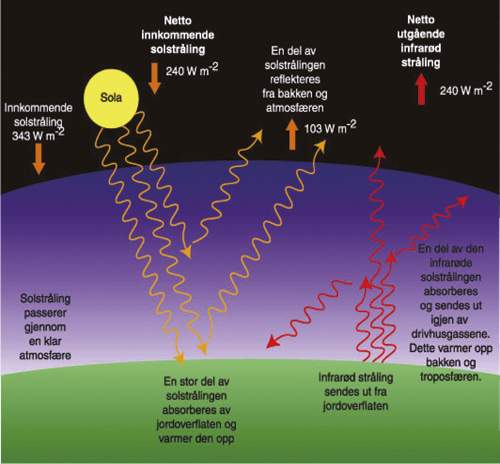 Figur 9.1 Den naturlige drivhuseffekten

 Illustrasjon
 av strålingsbalansen for jorden og atmosfæren.
 Den netto innkommende solstrålingen balanseres av netto
 utgående varmestråling. Nesten en tredjedel av innkommende
 solstråling reflekteres mens det ...
