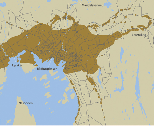 Figur 9.12 Brune områder viser hvor det er beregnet overskridelser
 av nasjonalt mål for svevestøv i 2003 i Oslo.