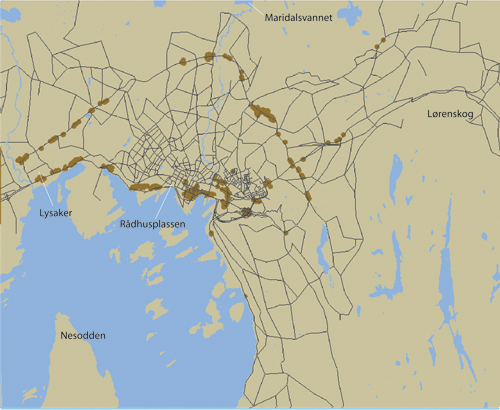 Figur 9.15 Brune områder viser hvor det er beregnet overskridelser
 av nasjonalt mål for NO2
  i 2003 i Oslo.