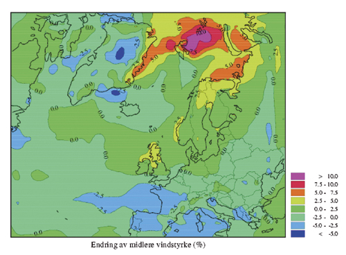 Figur 9.4 Endring av midlere vindstyrke (i prosent).