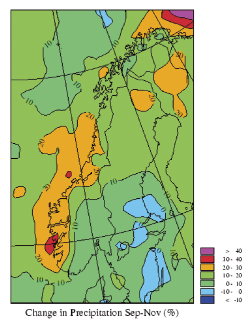 Figur 9.5 Endret nedbørmønster september-november (i
 prosent).