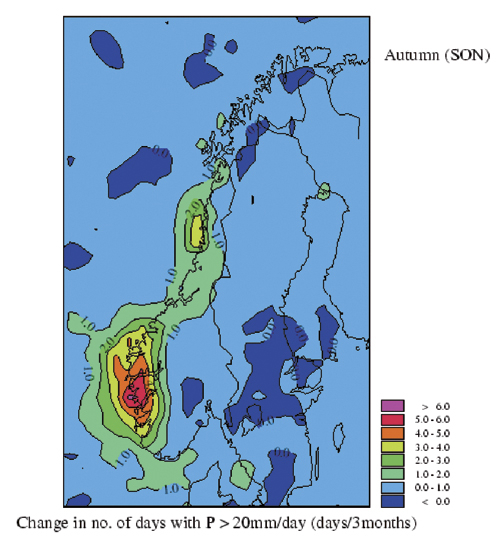 Figur 9.6 Endring i antall dager med nedbør over 20 mm
 per dag (antall dager i tre høstmåneder).