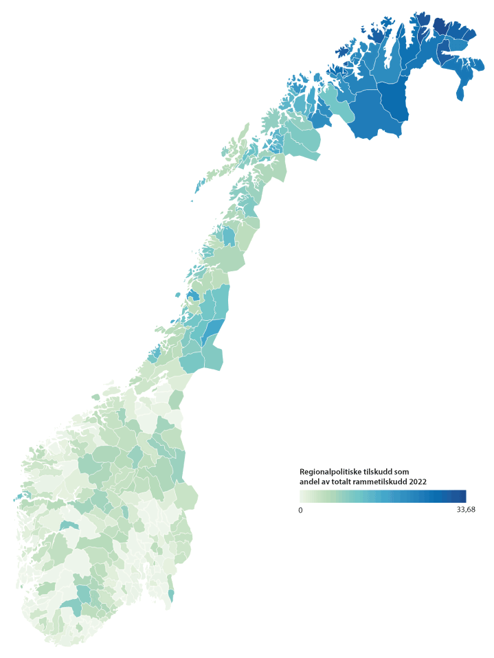 Figur 11.1 Regionalpolitiske tilskudd som andel av totalt rammetilskudd i 2022, i statsbudsjettet 2022 (prosent).