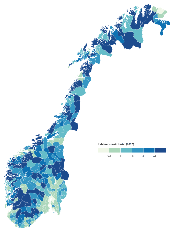 Figur 9.4 Kommunenes indeksverdi på sonekriteriet. Tall per 1.1.2020.