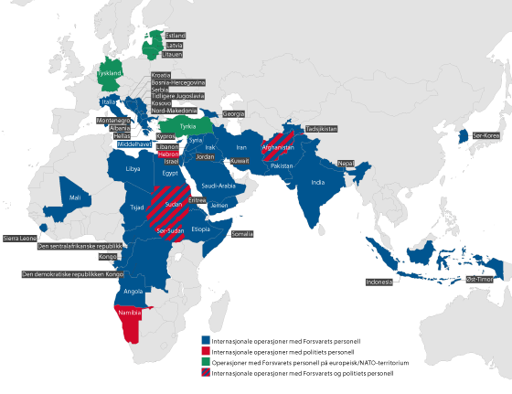 Figur 3.5 Kartet viser områder der Forsvaret og politiet har deltatt i internasjonale operasjoner. 
