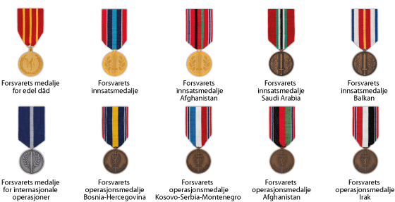 Figur 6.1 Militære dekorasjoner. Norske bragdmedaljer, deltakermedaljer og fortjenestemedaljer. 