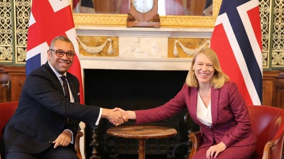  Utenriksminister Anniken Huitfeldt og hennes britiske kollega James Cleverly. Foto: Tuva Bogsnes, UD