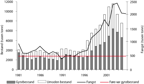 Figur 4.11 Utviklinga i bestand og fangst av kolmule. Fangsten i 2006 er framleis usikker