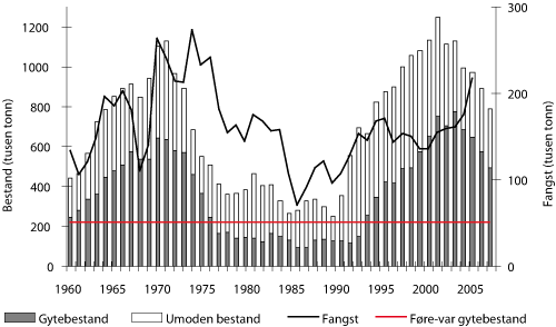 Figur 4.4 Utviklinga i bestand og fangst av sei nord for 62°N. Tala for 2007 og 2008 er prognosar