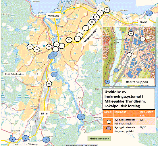 Figur 8.1 Miljøpakke Trondheim trinn 2 – forslag til plassering av bomstasjonar