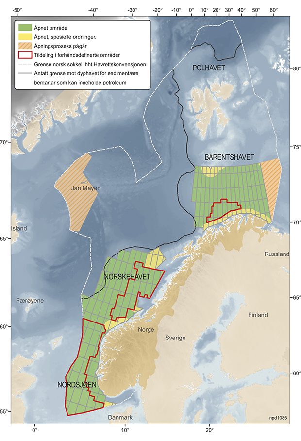 Figur 3.1 Åpne og uåpnede områder på norsk sokkel, antatt maksimalutbredelse av sedimentære bergarter, kun for illustrasjonsformål.