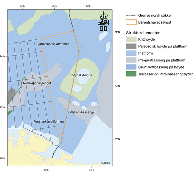 Figur 5.1 Oversikt over geologiske strukturelementer i sørøstlige del av Barentshavet.