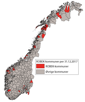 Figur 13.4 Kart over ROBEK-kommuner ved utgangen av 2017.
