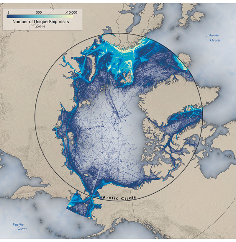 Figur 11.2 Konsentrasjon av skipstrafikk i Arktis i perioden 2009–2016, enkeltstående skip1.
