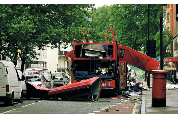 Figur 4.7 Angrep mot sivil infrastruktur i London 7. juli 2005. Tre bomber eksploderte på ulike T-banetog. En fjerde bombe ble sprengt i en buss.