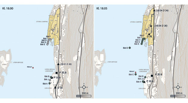 Figur 7.21 Figuren viser lokaliseringen av båtressurser i farvannet mellom Utøya og landsiden kl. 18.00 og kl. 18.05, samt hvor politiets ressurser på landsiden var på samme tidspunkt.