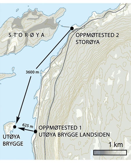 Figur 7.8 Oppmøtestedet ble flyttet til Storøya, mer enn 3 km lenger fra øya.