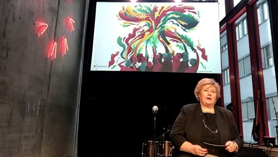 Statsminister Erna Solberg presenterer den nye kulturmeldingen på Vega Scene i Oslo.