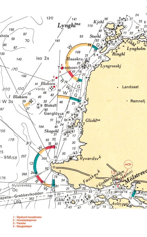 Figur 6.6 Funn av vrakdeler tegnet inn i utsnitt av sjøkart
nr. 171
