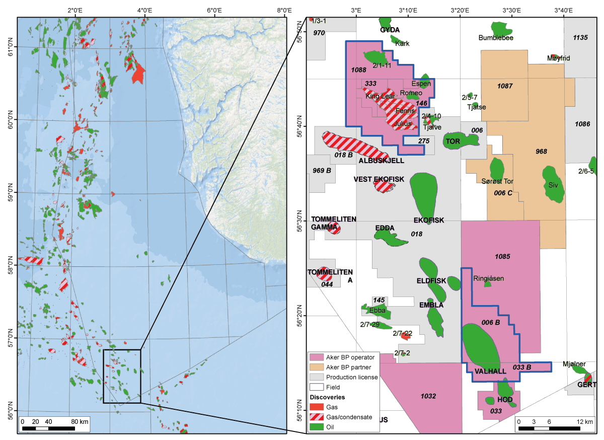 Figur 8.1 Geografisk plassering av Valhall og Fenris