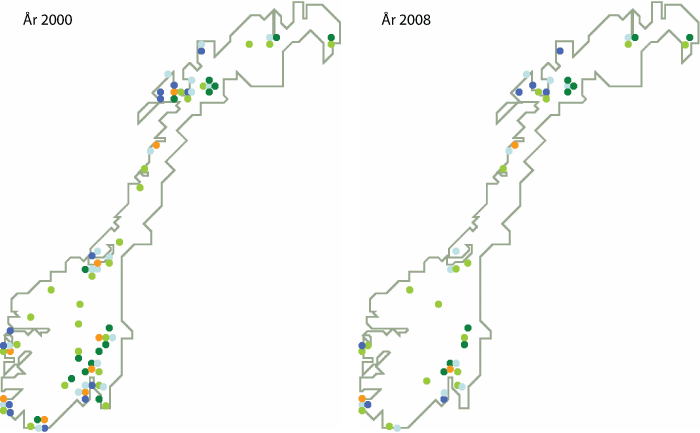 Figur 2.5 Lokalisering av forsvarsgrenene, Heimevernet og Forsvarets ledelse i henholdsvis år 2000 og 2008.