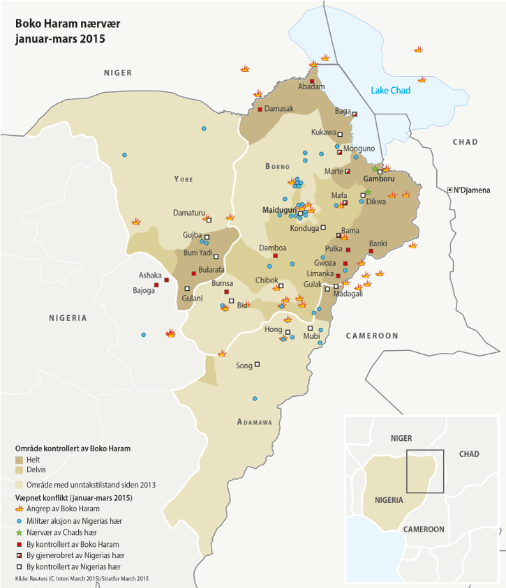 Figur 6.5 Boko Haram – Boko Harams kontroll i grenseområder, mars 2015
