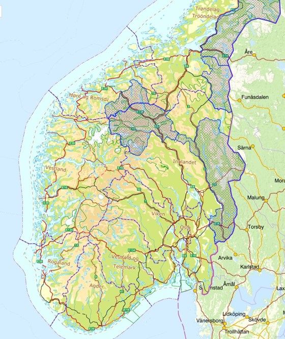 Kart over forvaltningsområde (blå skravering) for jerv i Sør-Norge