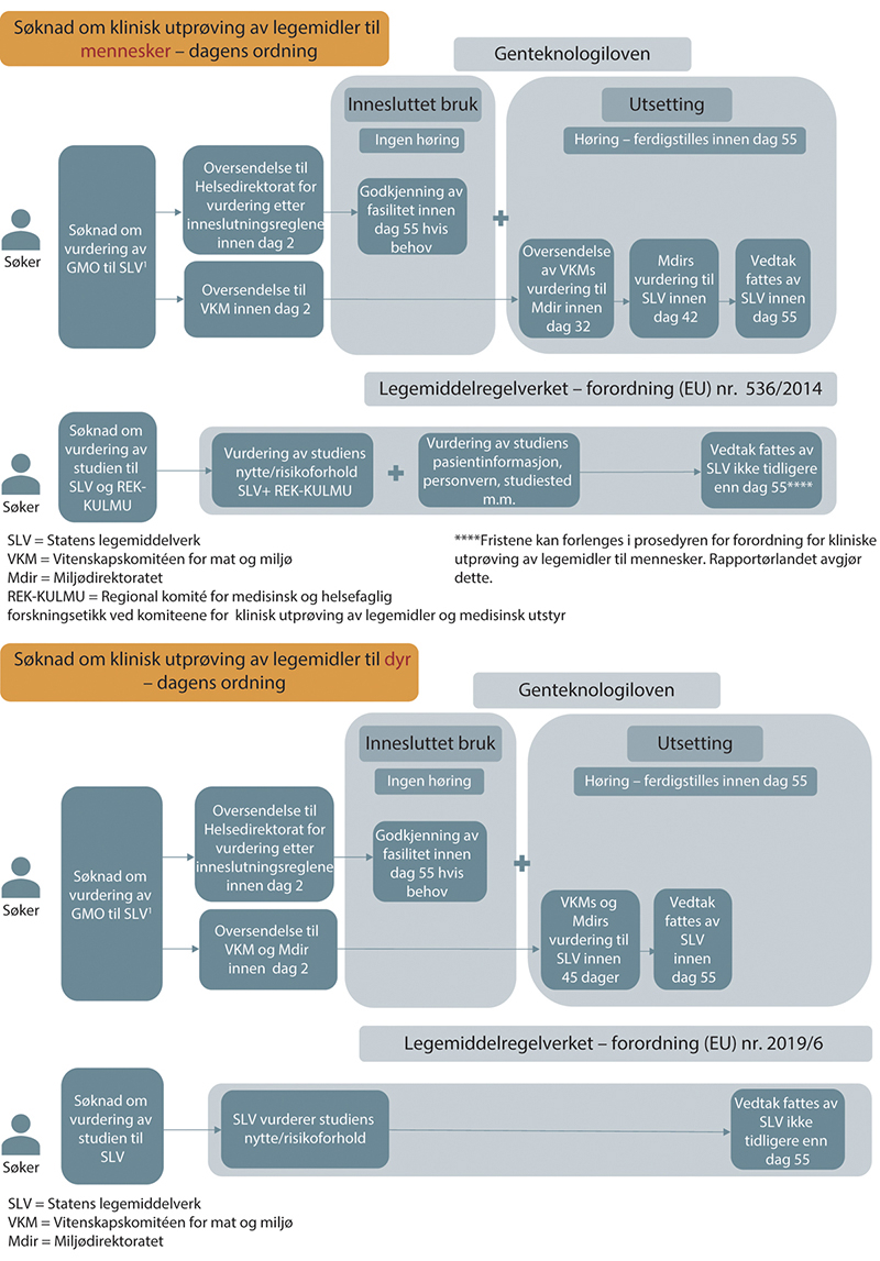Figur 12.1 Flytdiagram som viser dagens ordning for vurdering av søknader om klinisk utprøving med GMO-legemidler. REK-KULMU er Regional komité for medisinsk og helsefaglig forskningsetikk ved komiteene for klinisk utprøving av legemidler og medisinsk utstyr.