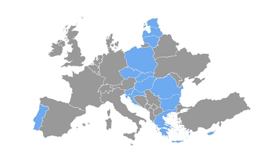Europakart som viser land som mottar EØS-midler i perioden 2014-2021.