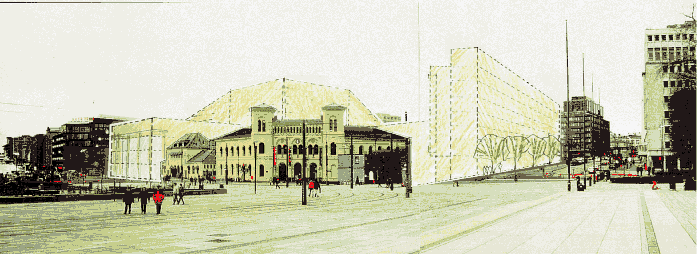 Figur 4.13 Operahus på Vestbanetomta med begge de fredede bygningene. Høybygget til høyre er ikke en del av operakomplekset. Perspektiv. Illustrasjon: Statsbygg