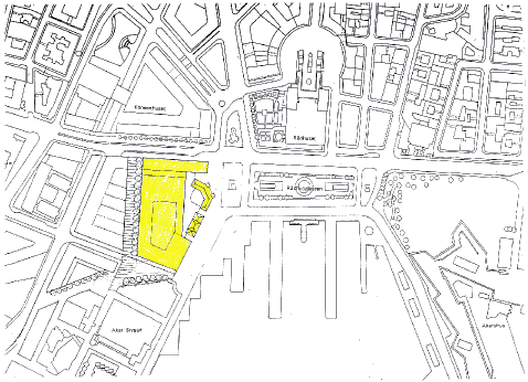 Figur 4.14 Operahus på Vestbanetomta med begge de fredede bygningene. Plan. Illustrasjon: Statsbygg