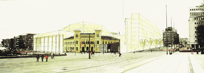 Figur 4.15 Operahus på Vestbanetomta med den fredede hovedstasjonsbygningen. Høybygget til høyre er ikke en del av operakomplekset. Perspektiv. Illustrasjon: Statsbygg
