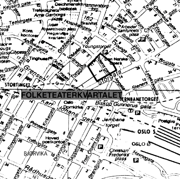 Figur 4.3 Kartdel med Folketeaterkvartalet markert. Eiendomsrett: Plan- og bygningsetaten