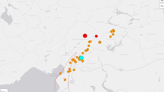 Oversikt over jordskjelvene i Tyrkia. 