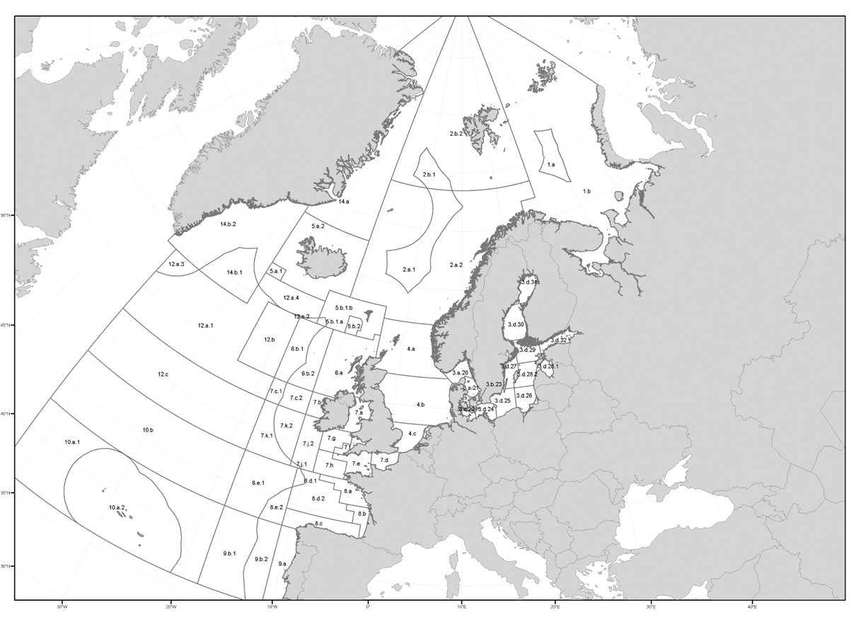 Figur 2.3  ICES sine fiskeristatistiske område.