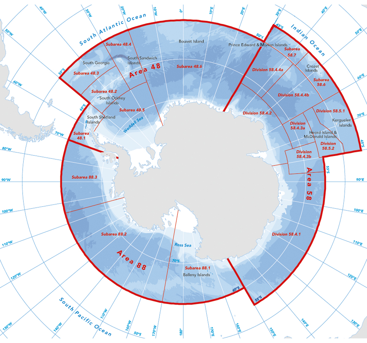Figur 3.10 Konvensjonsområdet til CCAMLR og dei ulike underområda.