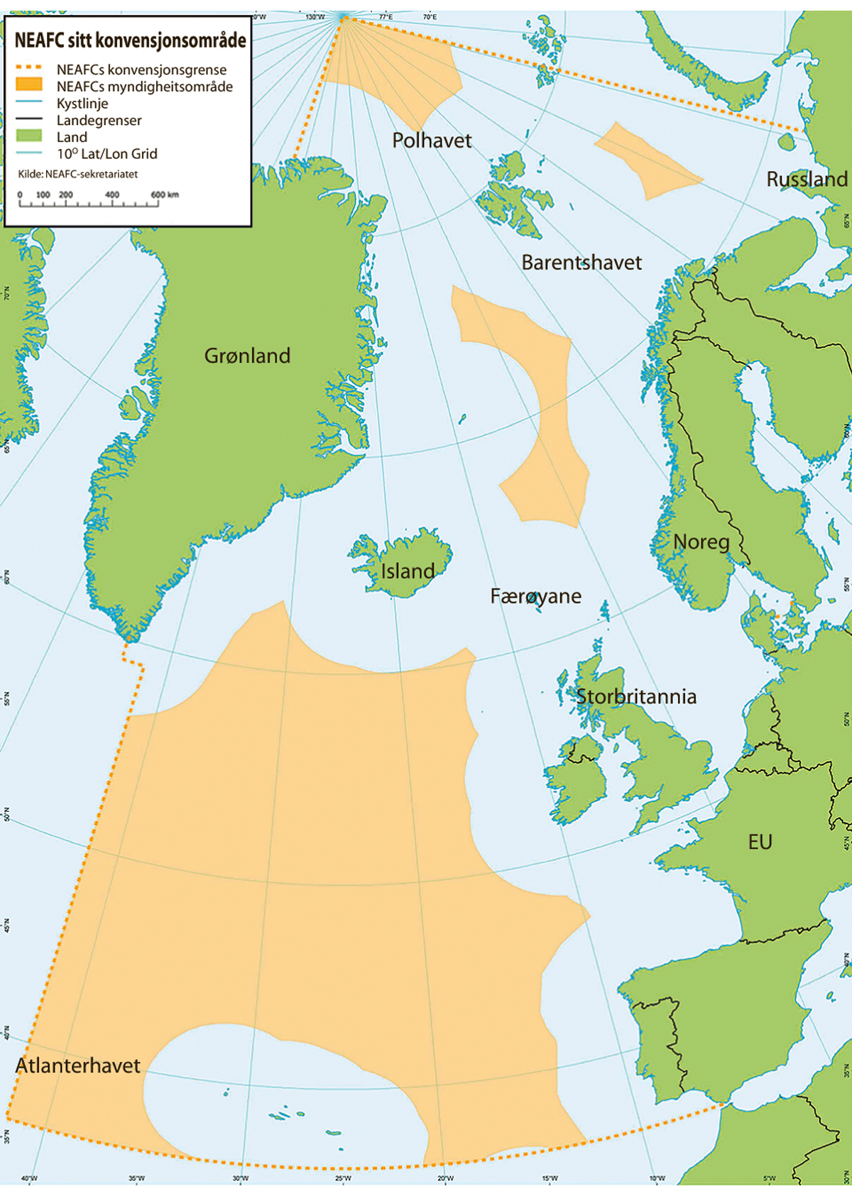 Figur 3.7 Konvensjonsområdet til NEAFC ligg innanfor dei stipla linene, ansvarsområde er merkte i oransje.