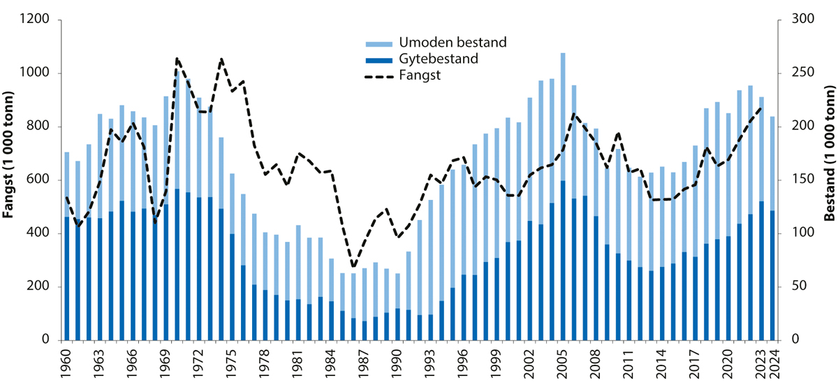 Figur 4.13 Utbreiingsområde og gyteområde for nordaustarktisk sei.