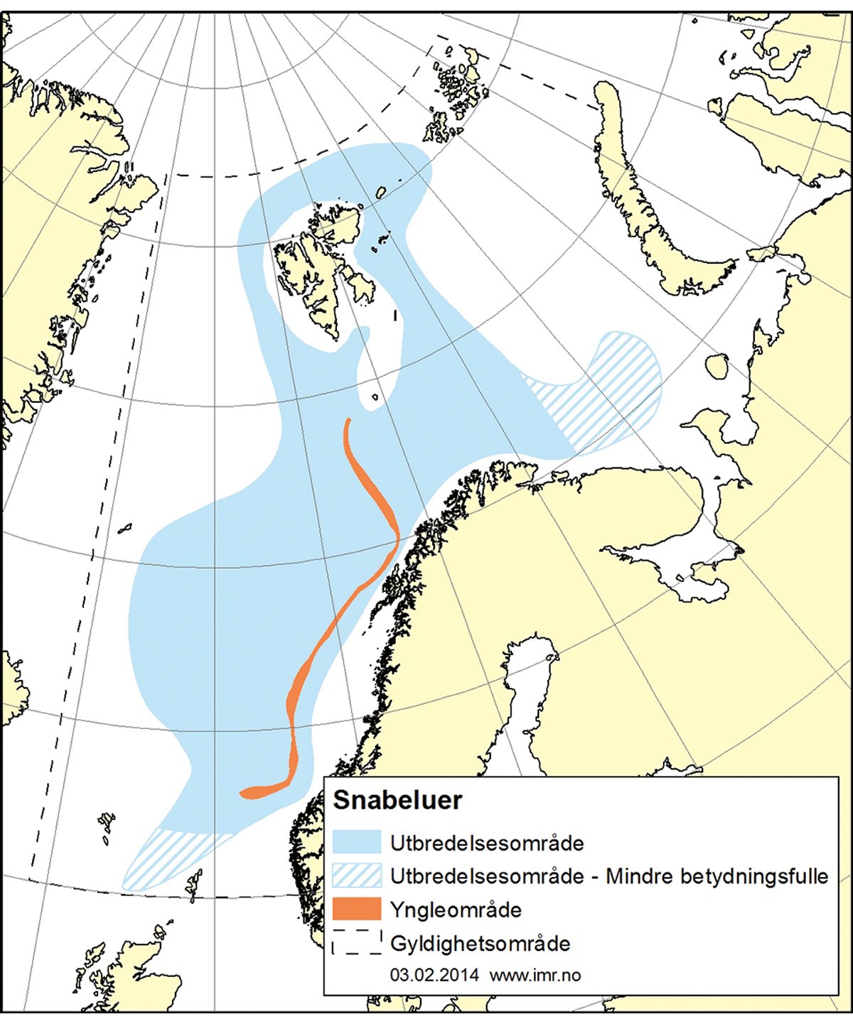 Figur 4.18 Utbreiingsområde og gyteområde for snabeluer.