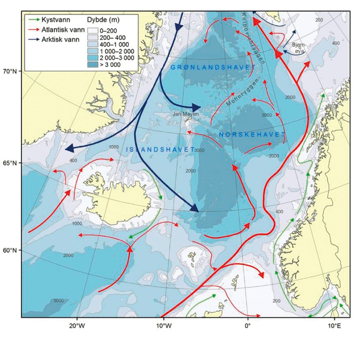 Figur 4.23 Norskehavet – straumar og djupn.
