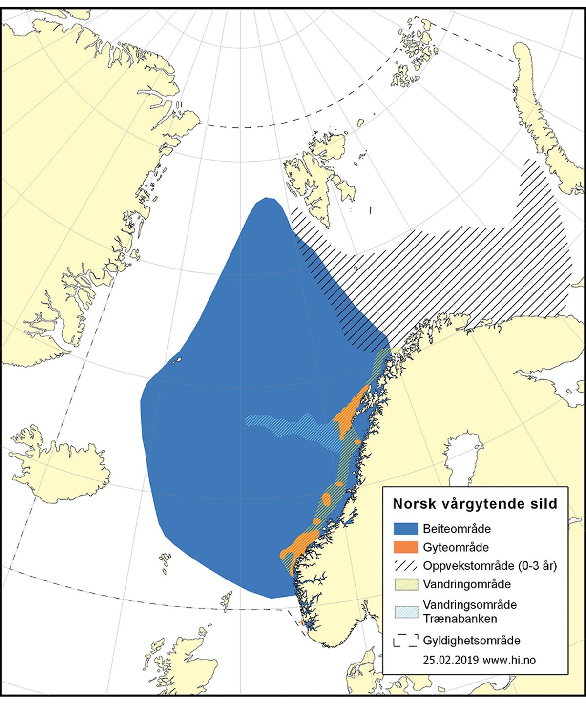Figur 4.27 Utbreiingsområde og gyteområde for norsk vårgytande sild.