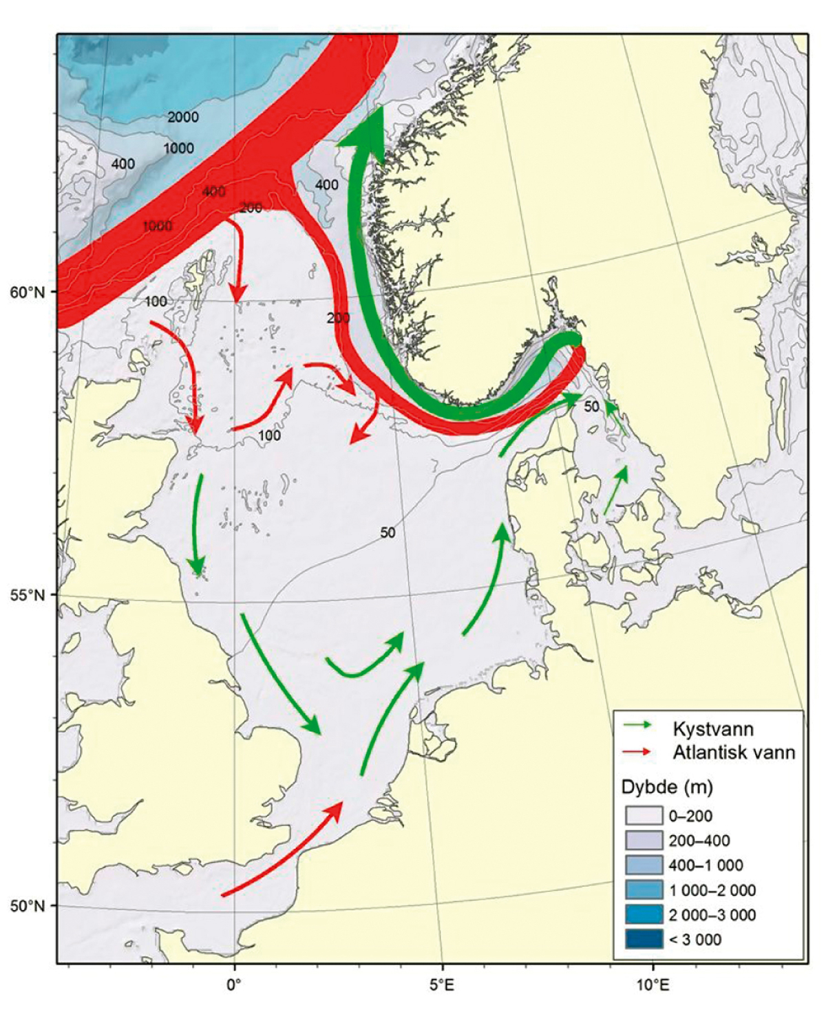 Figur 4.35 Nordsjøen og Skagerrak – straumar og djupn.