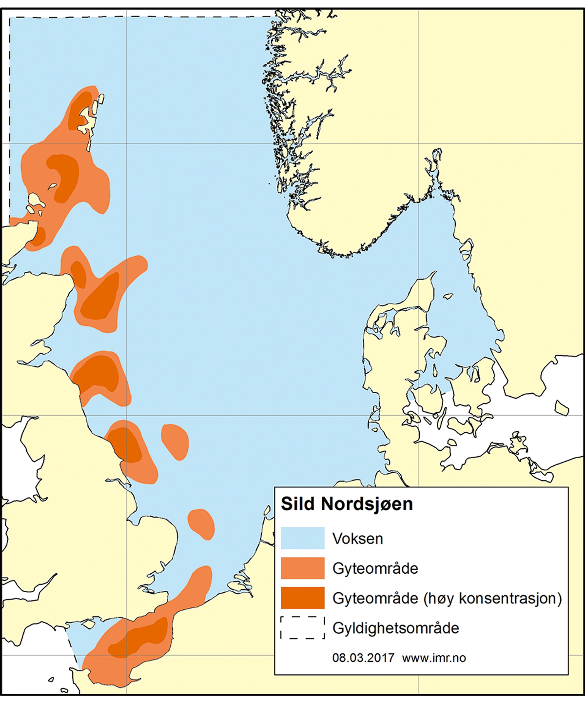 Figur 4.39 Utbreiingsområde og gyteområde for nordsjøsild.