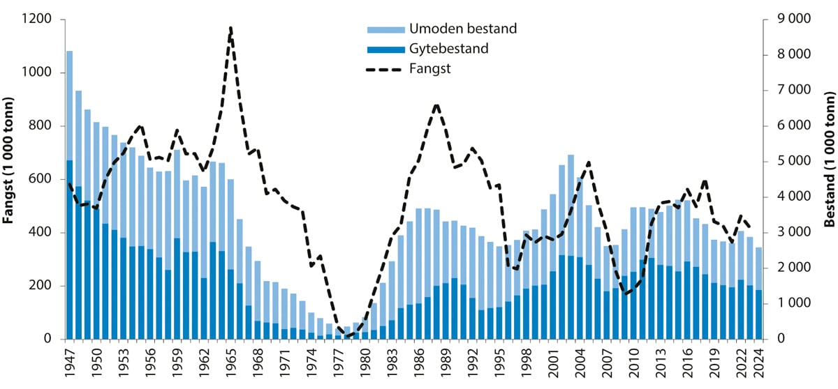 Figur 4.40 Utviklinga i bestand og fangst av nordsjøsild.