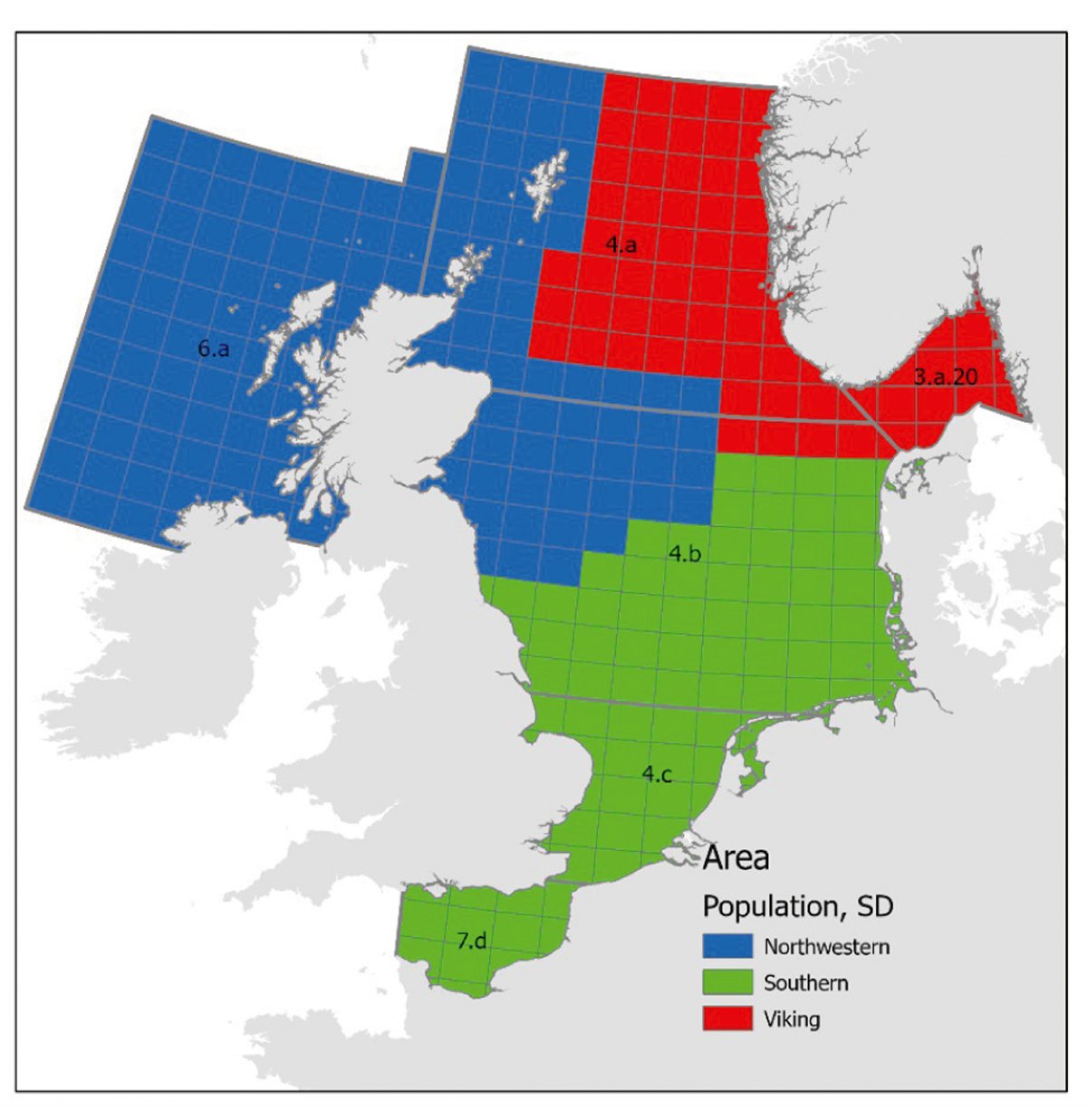 Figur 4.45 Utbreiingsområde og gyteområde for torsk i Nordsjøen, Skagerrak og den austlege engelske kanalen.