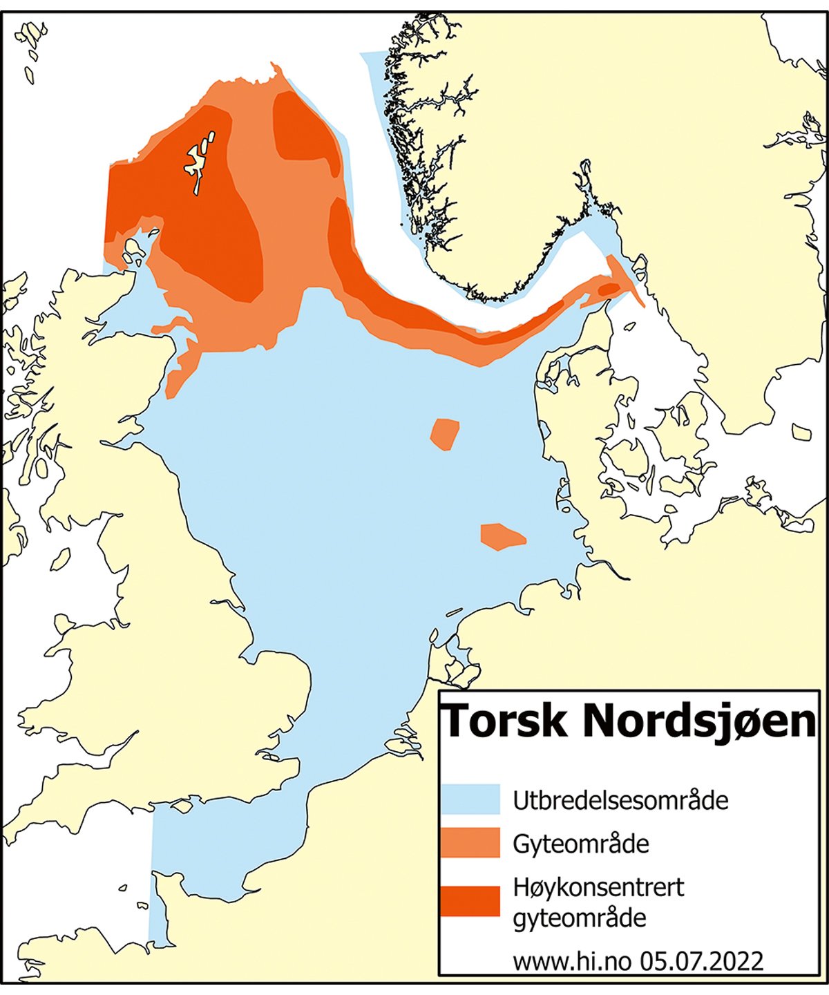 Figur 4.46 Områdeinndeling for underbestandar av torsk i Nordsjøen, i Skagerrak, i den austlege engelske kanalen og vest for Skottland.