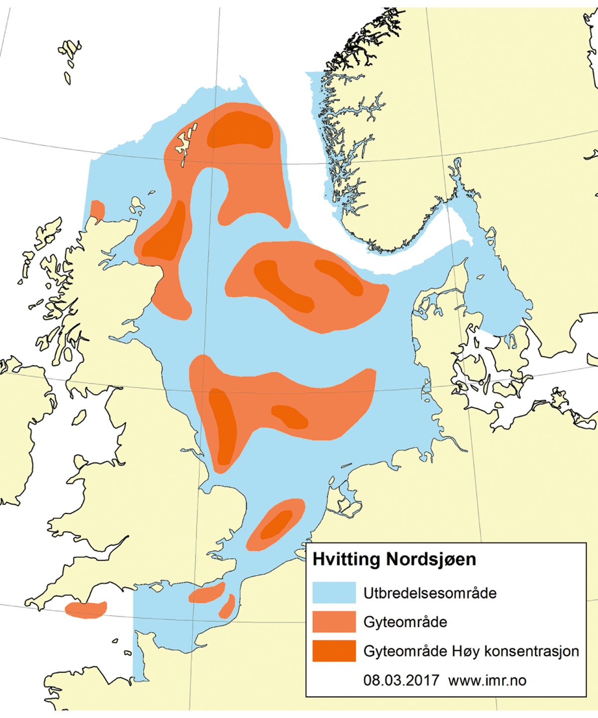 Figur 4.52 Utbreiingsområde og gyteområde for kviting i Nordsjøen og den austlege engelske kanalen.